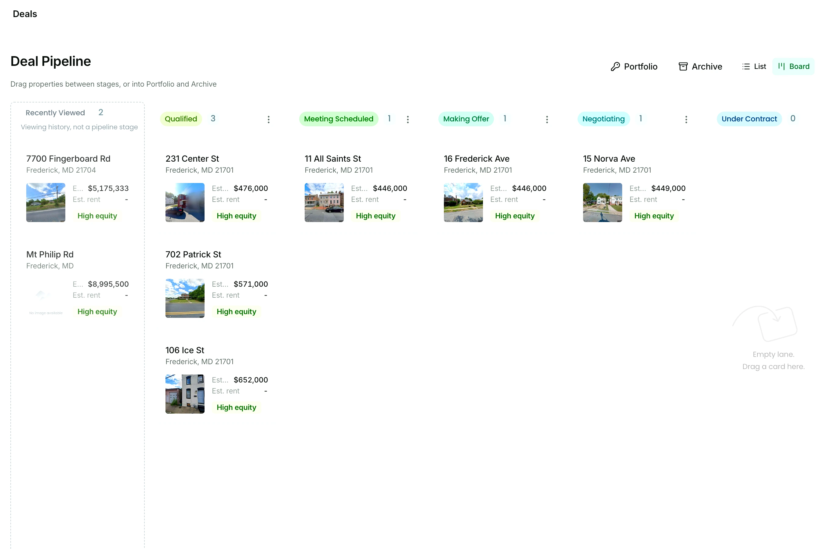The deal pipeline board with columns for Qualified, Meeting Scheduled, Making Offer, Negotiating, and Under Contract, property cards in each, and the Portfolio and Archive buttons above