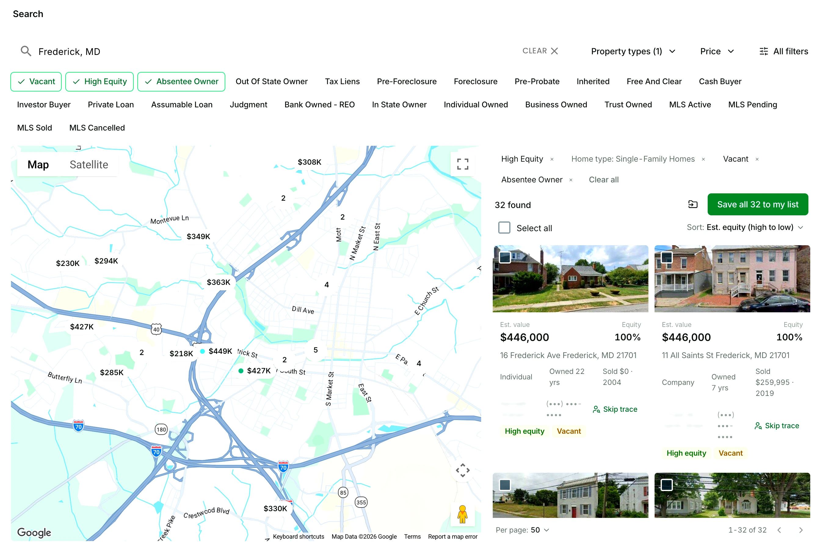 The Invest Nest property search for Frederick, Maryland: Vacant, High Equity, and Absentee Owner switched on, the matching properties on a map, and the result cards showing each property's estimated value and equity